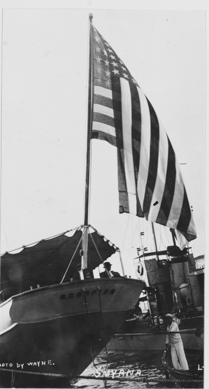 USS SCORPION at Smyrna, Turkey. American Flag
