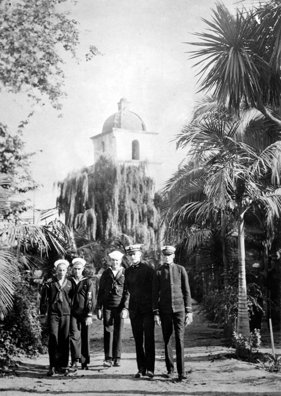 Men from the Pacific Fleet visiting the Santa Barbara Mission