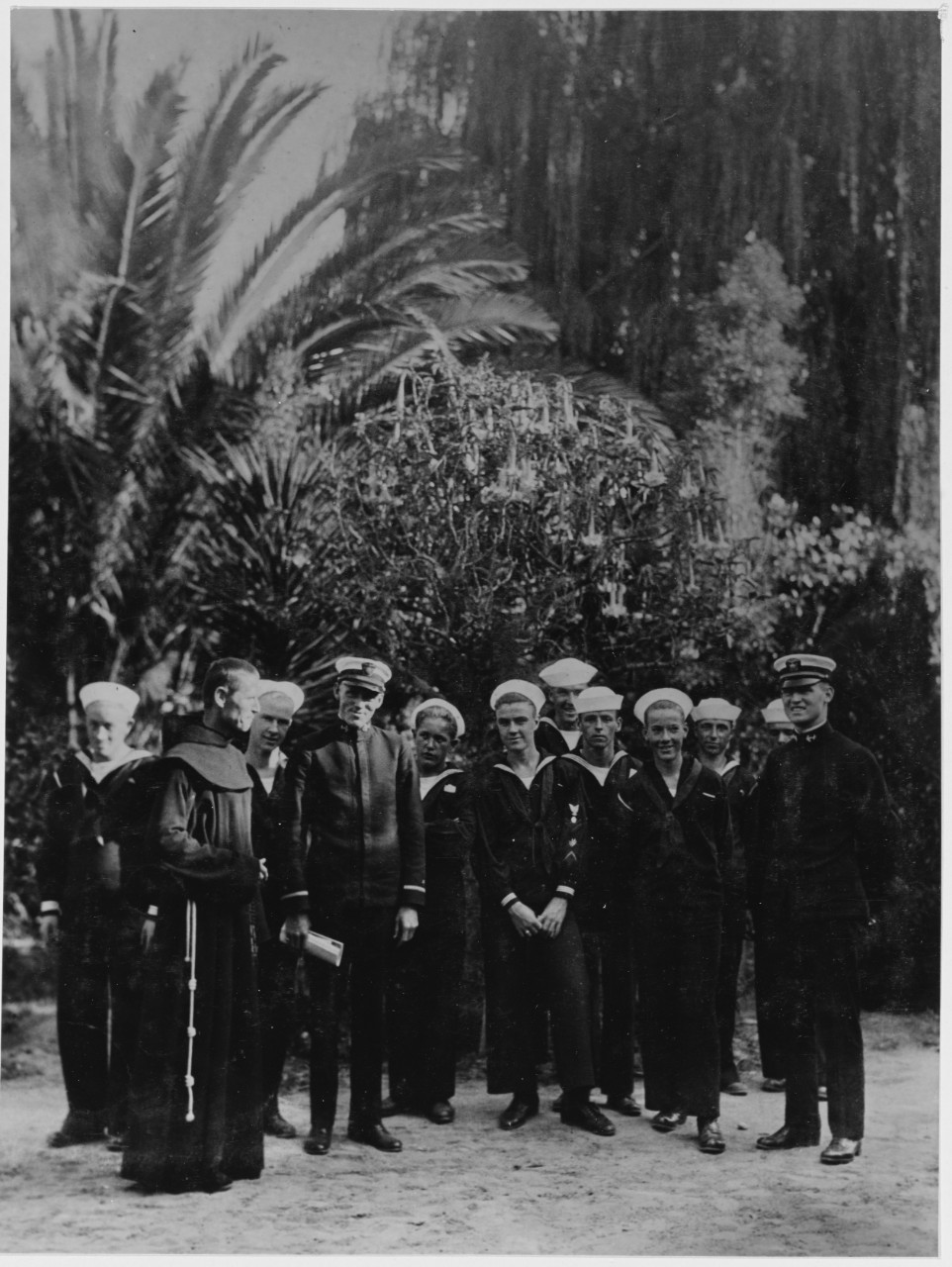 Men of the Pacific Fleet being shown around the Santa Barbara Mission
