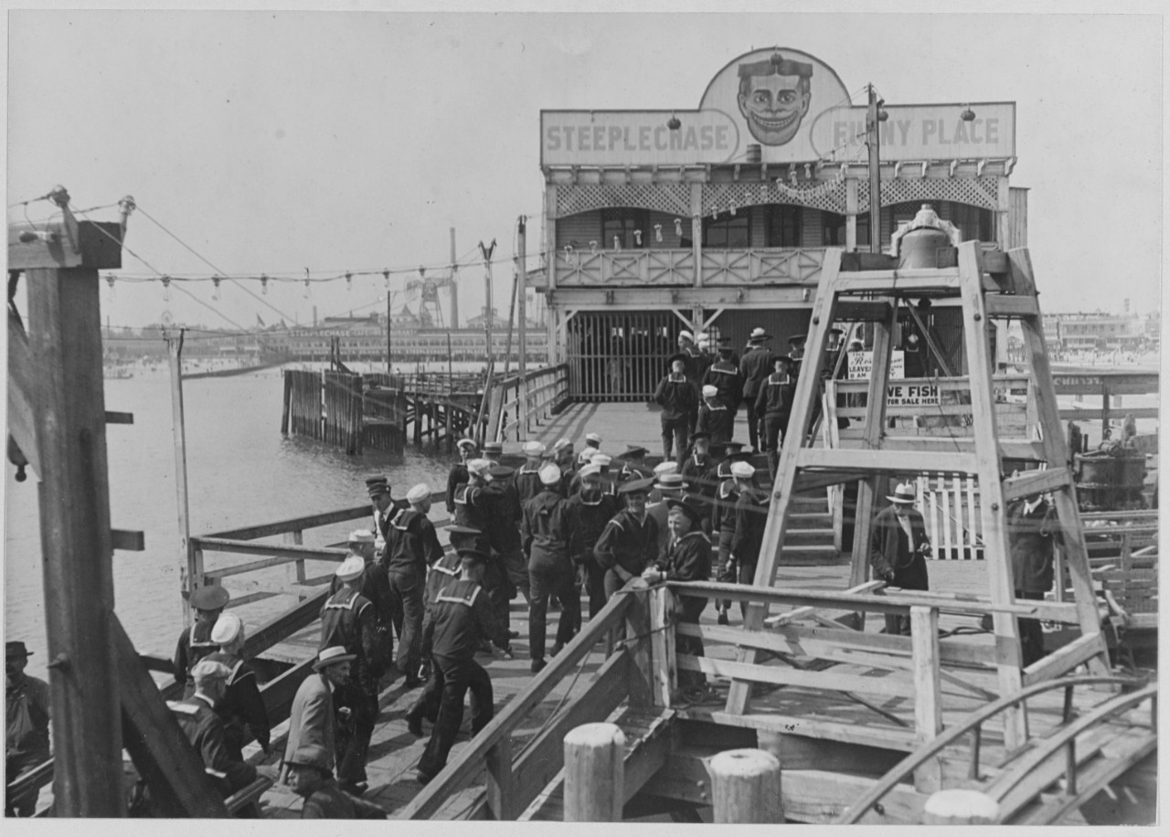 Sailors disembarking at the Steeplechase pier Coney Island.