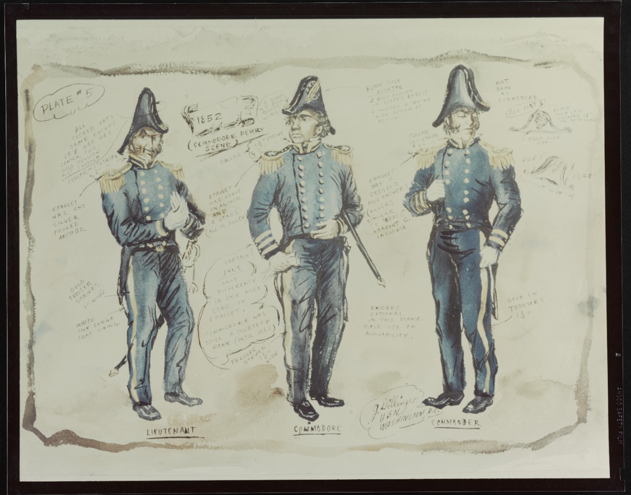 Commodore Peary Scene, 1852.  Drawing of Uniforms, Lieutenant, Commodore, and Commander Uniforms