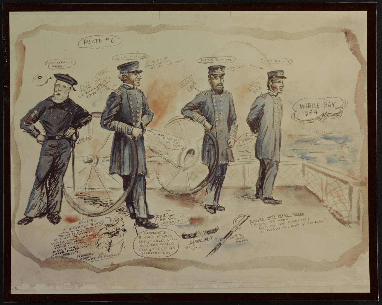 Drawing of Mobile Bay, 1864 scene. Quartermaster Knowles, Admiral Farragut, Captain Drayton, Lieutenant Watson