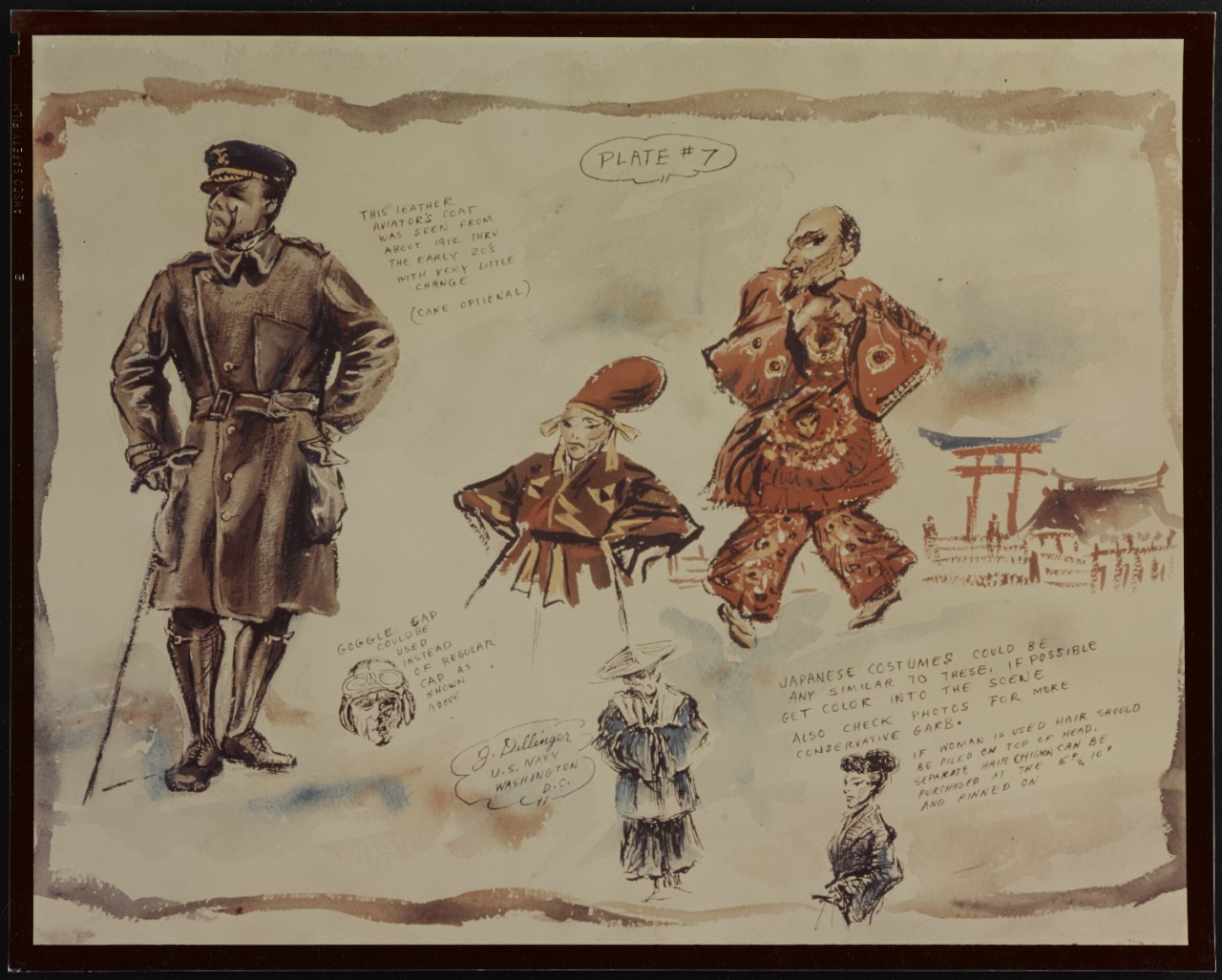 Drawing of 1912 to 1920's Uniform Aviator's Coat, Aviator's Goggle Cap, Japanese costumes. Women's hair styles