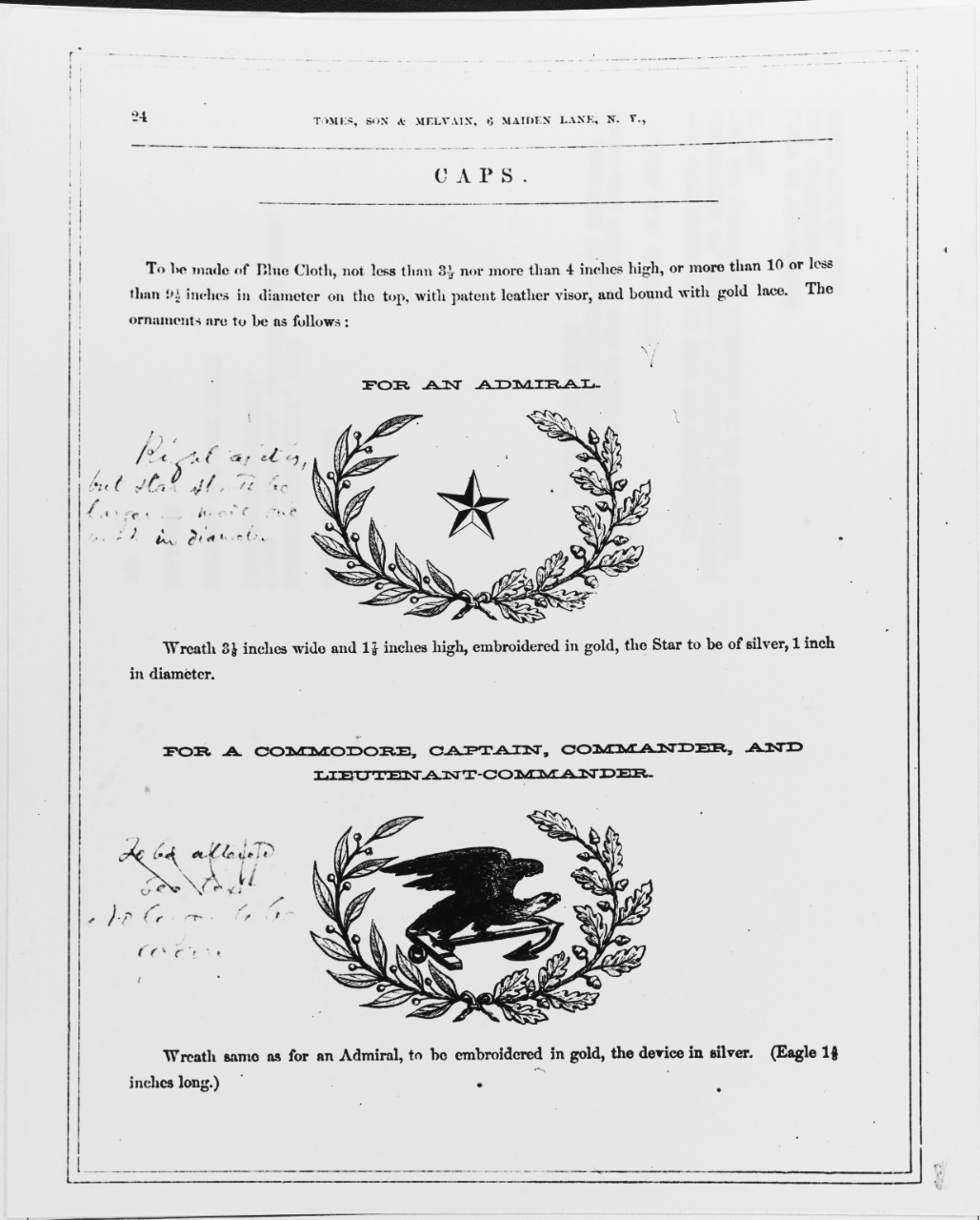 Uniform Regulations, 1862. Caps - Commodore, Captain, Commander, Lieutenant Commander and Admiral