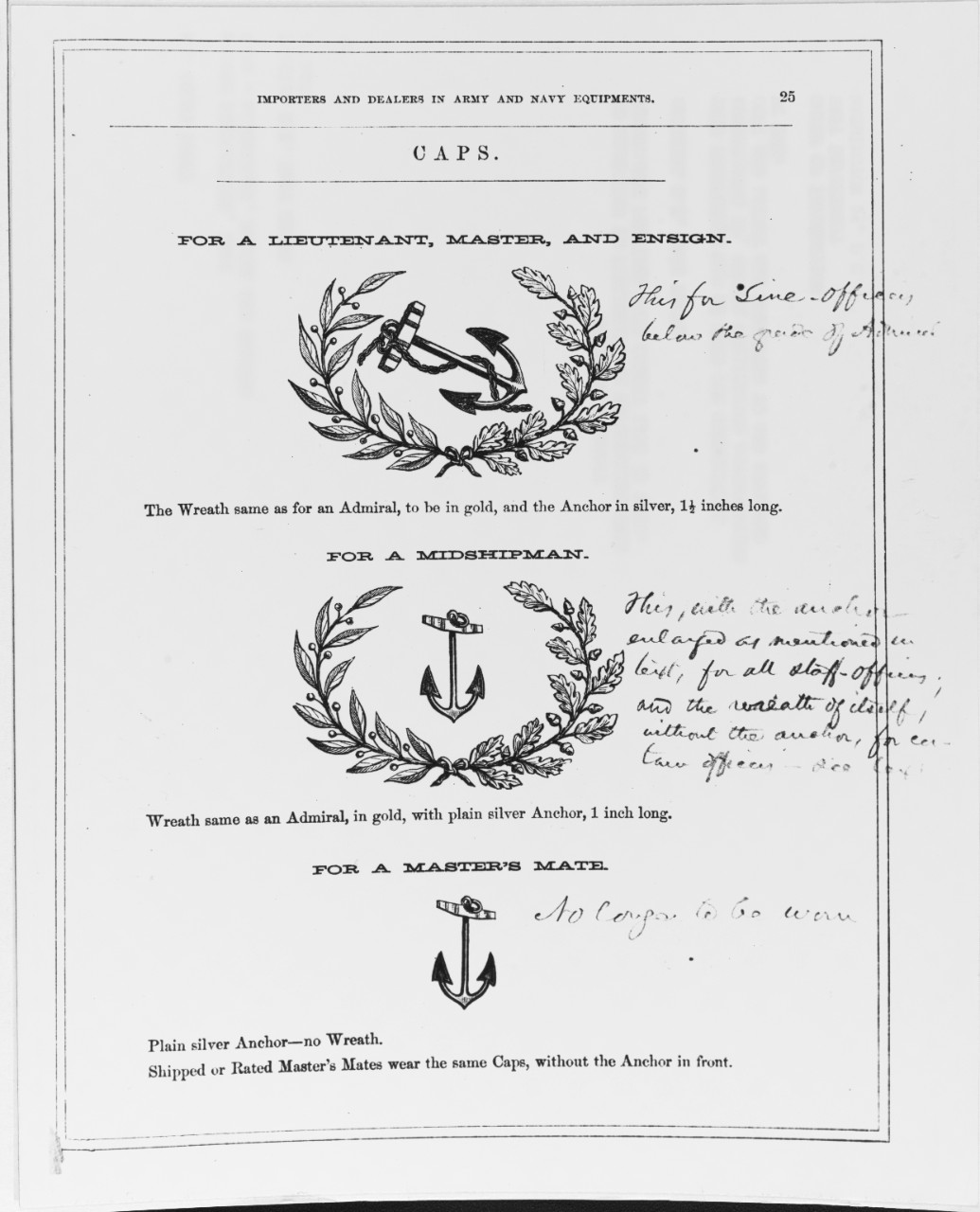 Uniform Regulations, 1862. Caps -  Lieutenant, Master, and Ensign. Midshipman, Master's Mate