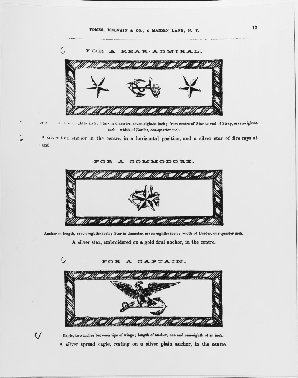 Uniform Regulations, 1864. Shoulder Insignia for a Rear Admiral, a Commodore and a Captain