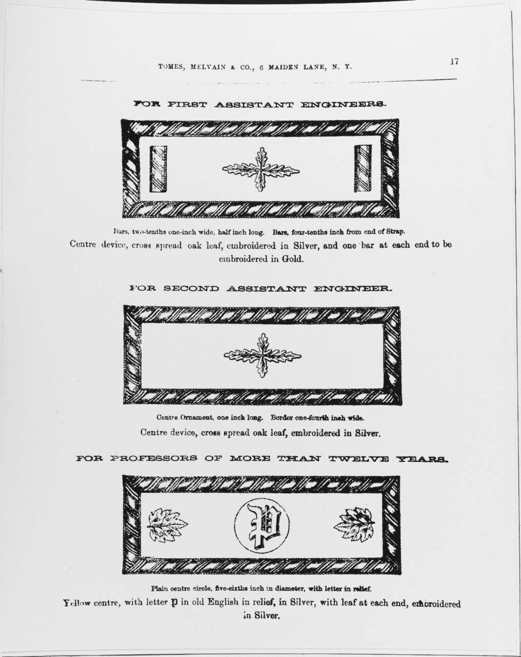 Uniform Regulations, 1864. Shoulder Insignia for First Assistant Engineers, Second Assistant Engineer, Professors