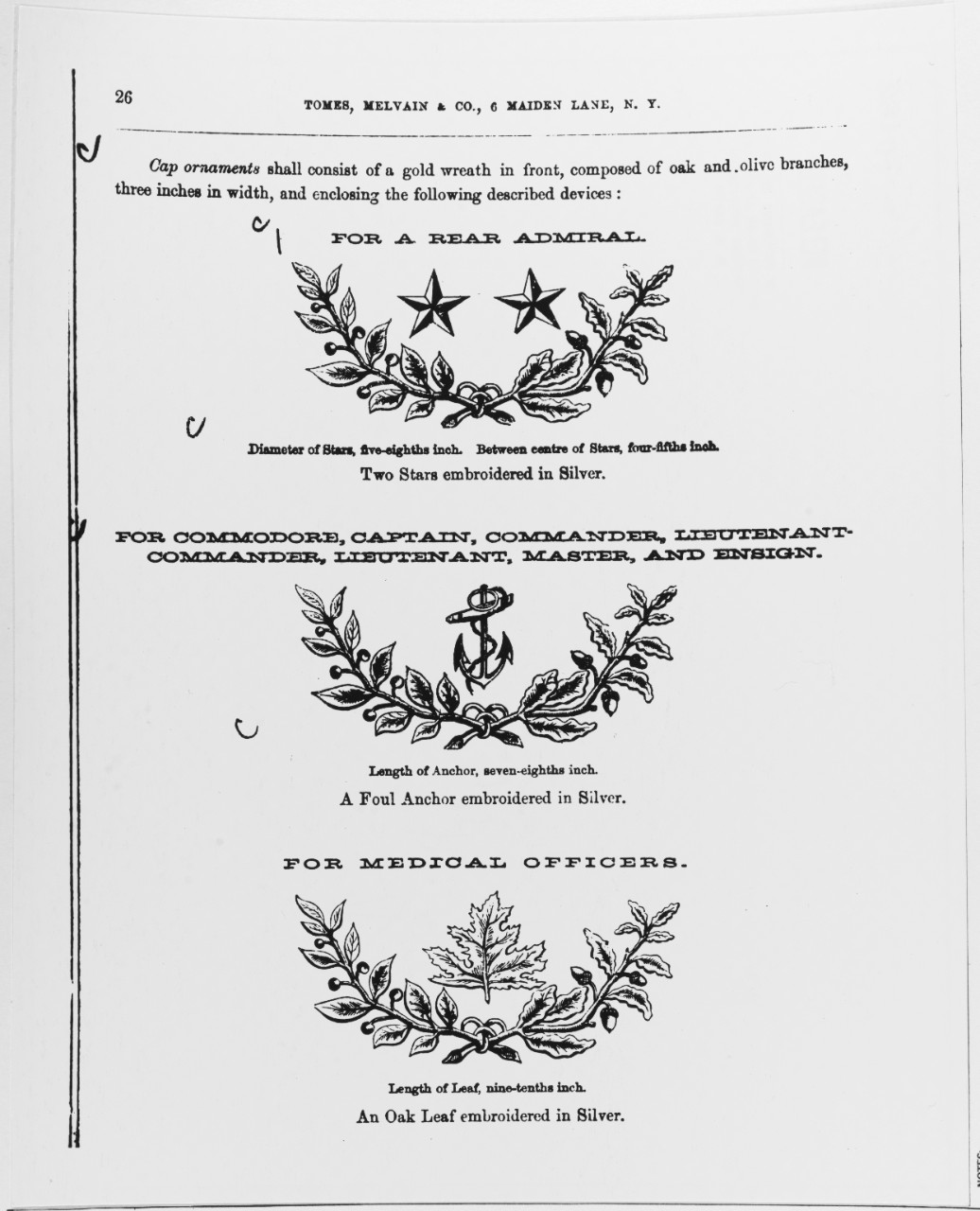 Uniform Regulations, 1864. Cap Ornaments for Rear Admiral, Commodore, Captain, Commander, Lieutenant Commander, Lieutenant, Master and Ensign, for Medical Officers