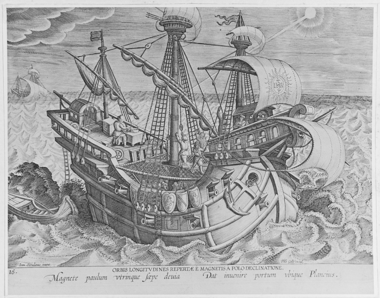 Orbis Longitudines Repertae E Magnetis A Polo Declinatione. 16th Century Ship (Spanish) taking longitude from the sun.