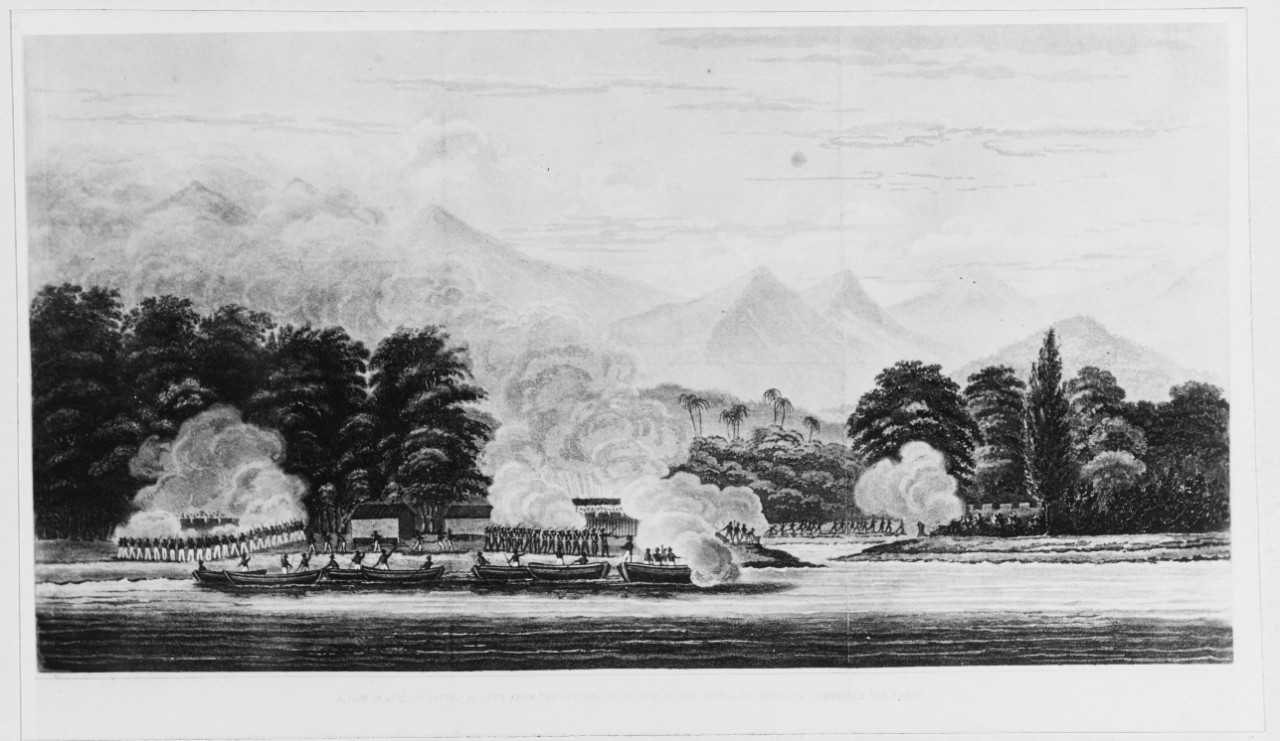 Action of Quallah Battoo, Sumatra, as seen from the frigate POTOMAC at anchor in the offing; J. Downes Esq. Commander, February 5, 1832