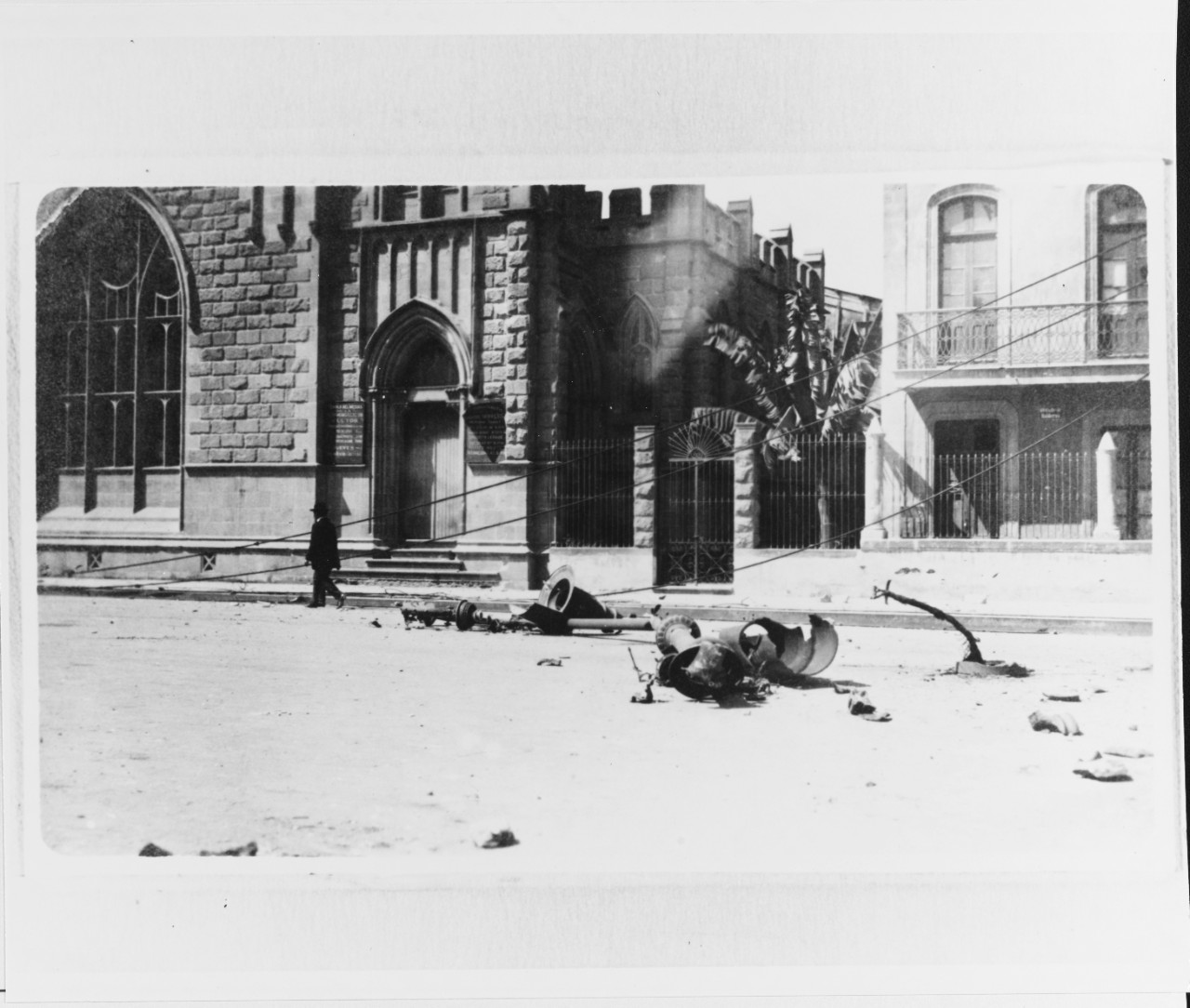 Veracruz, Mexico. Lamp post shattered by direct hit from USS FLORIDA (BB-30)