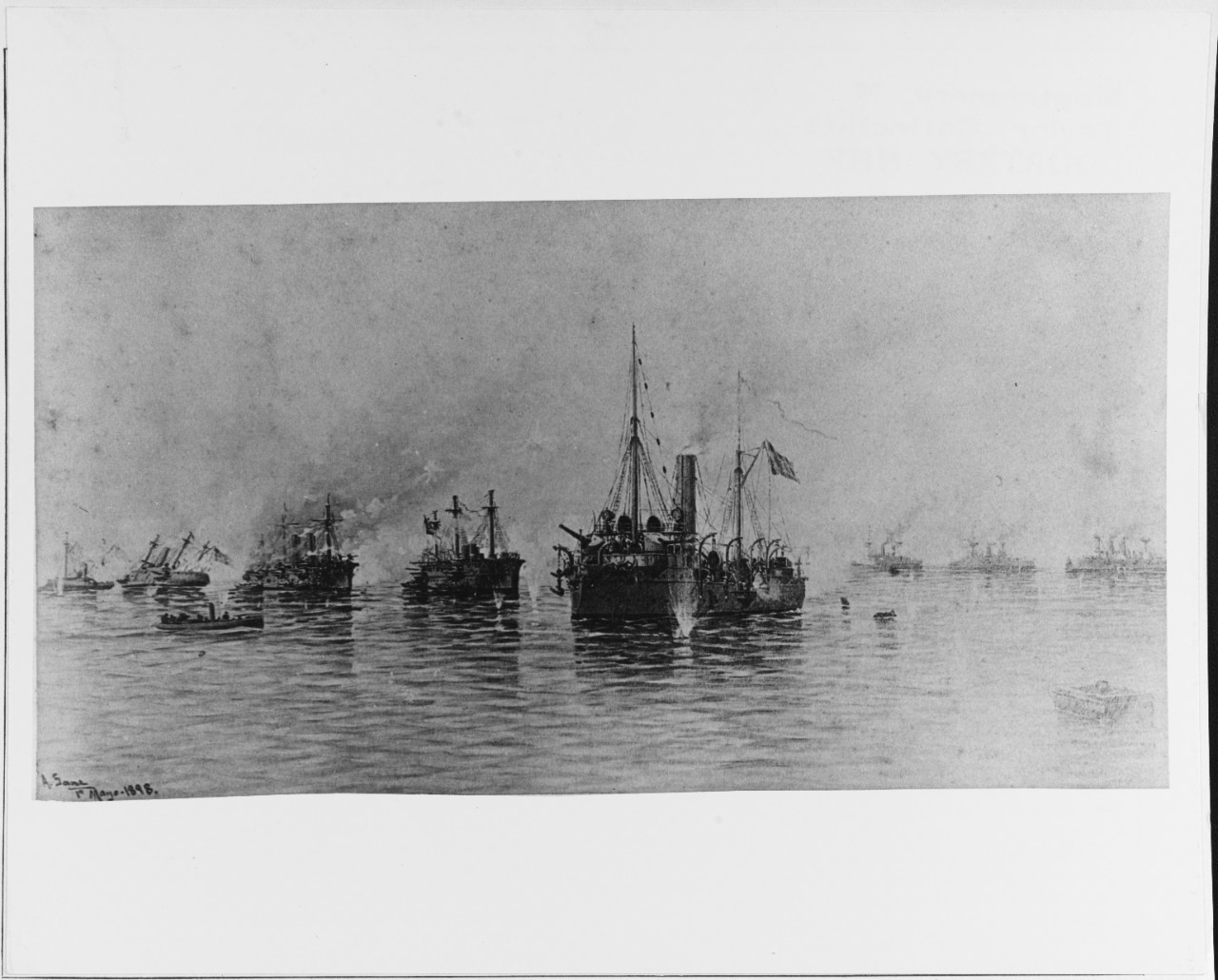 Admiral Montojo's Fleet at left. US Fleet at right. Battle of Manila Bay, May 1, 1898