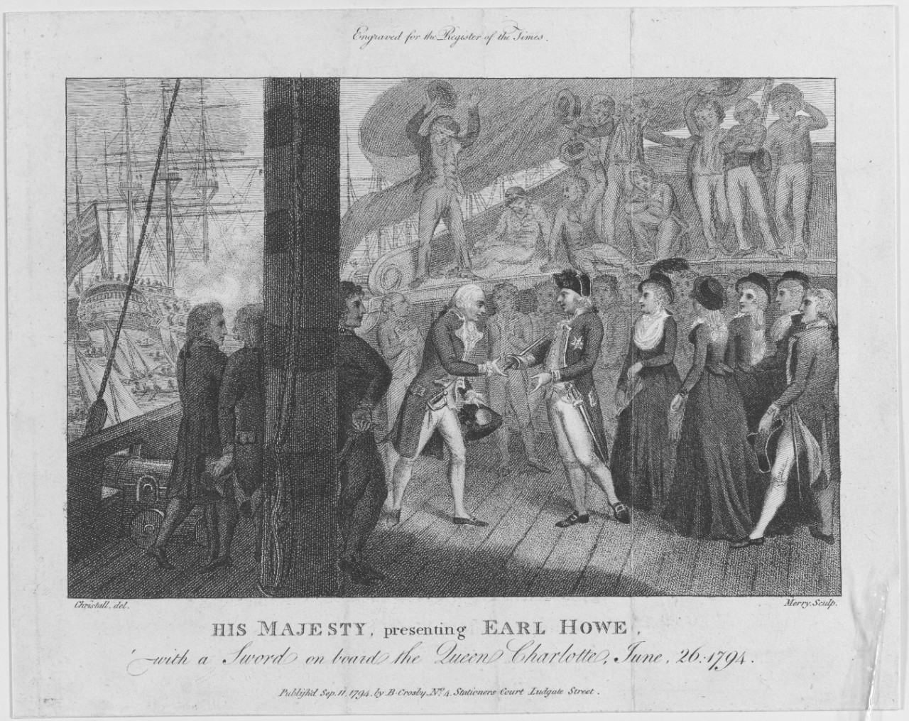 Engraving of His Majesty, presenting Earl Howe, with a sword on board the QUEEN CHARLOTTE, June 26, 1794
