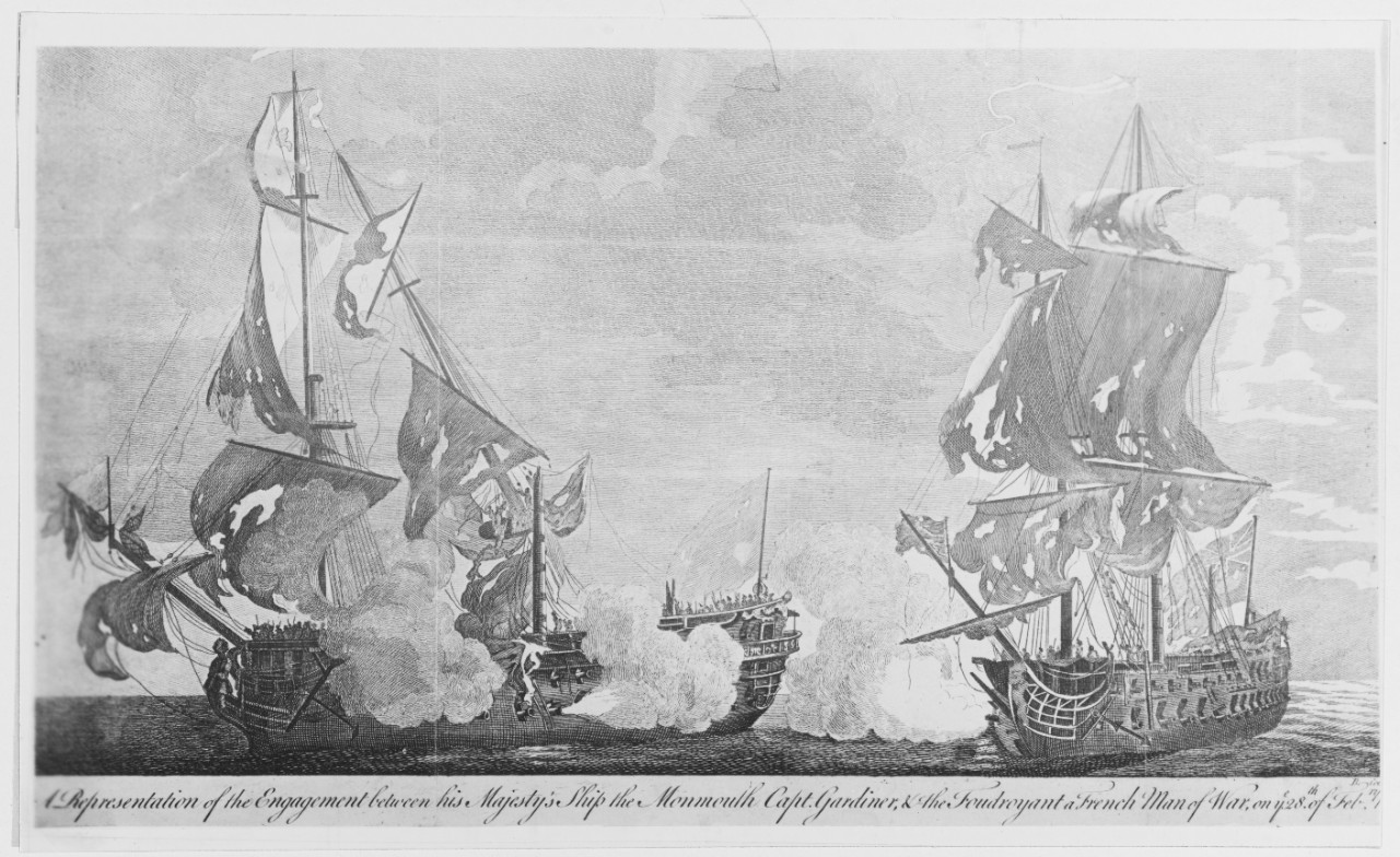 Engraving of the Seven Years War. MONMOUTH vs. FOUDROYANT, 28 February, 1758