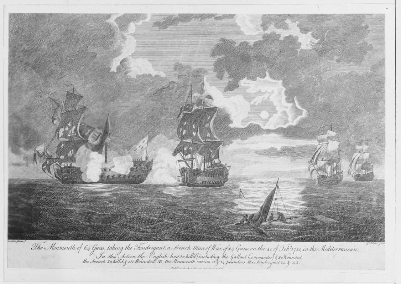Engraving of the Seven Years War. MONMOUTH vs. FOUDROYANT, 28 February, 1758