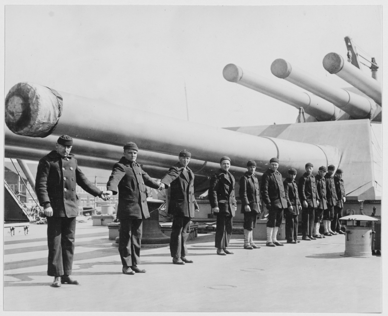 Men pose on USS IDAHO, New York Shipbuilding Corporation, Camden, New Jersey