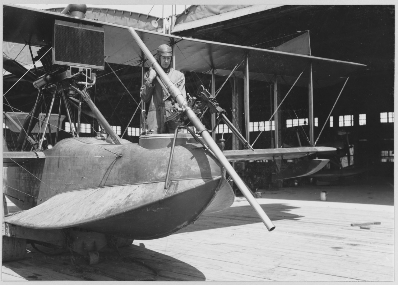 Lewis Machine Gun mounted on HS-1 flying boat. Lieutenant Ditman in cockpit, Washington, D.C.