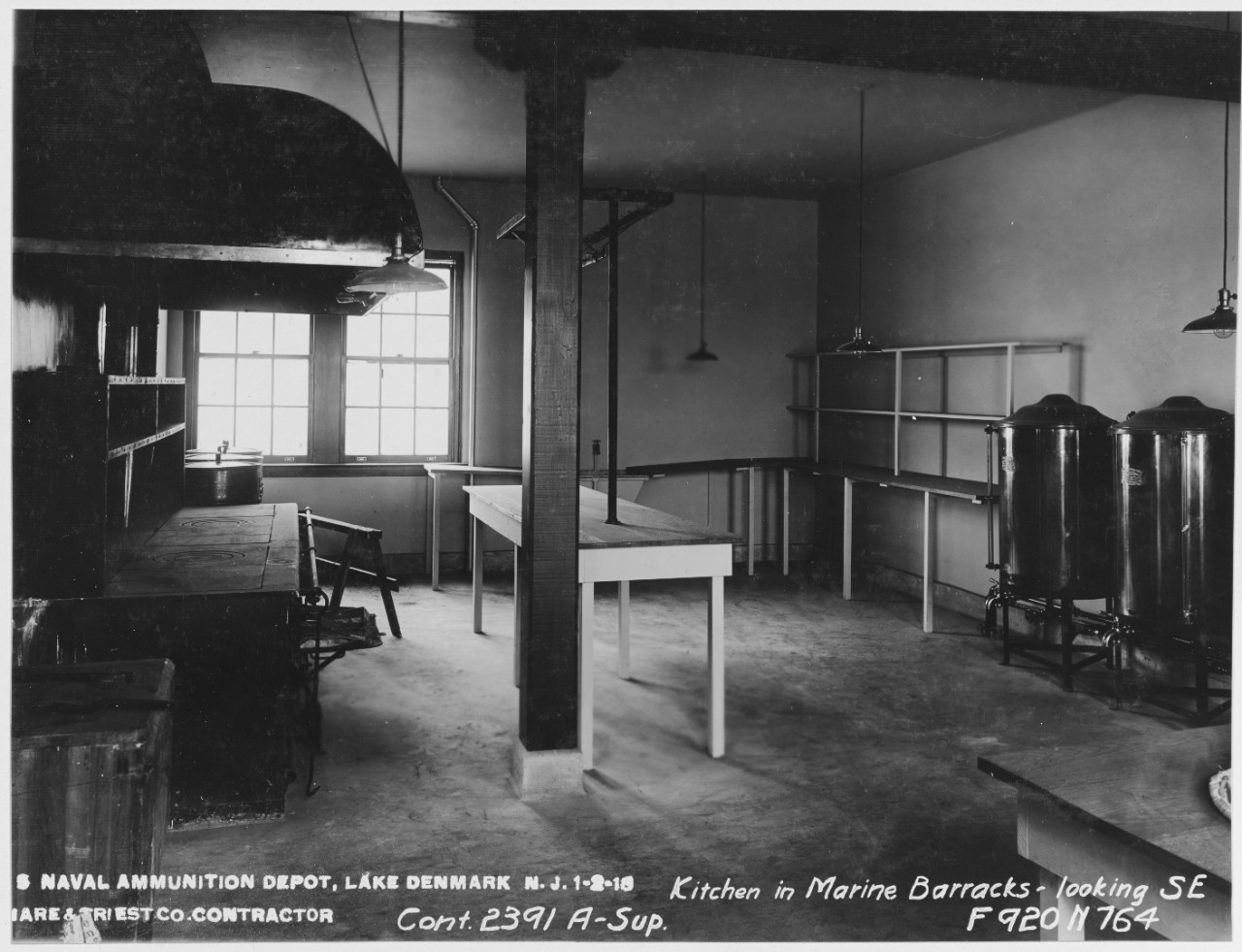 USN Ammunition Depot, Lake Denmark, New York. Kitchen in Marine Barracks. 1/02/1918