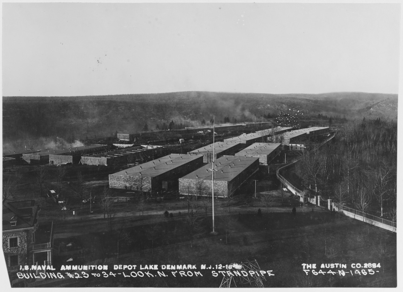 USN Ammunition Depot, Lake Denmark, New Jersey. Taken from top of Standpipe, looking North. Buildings No. 23 to No. 34.  12/18/1918