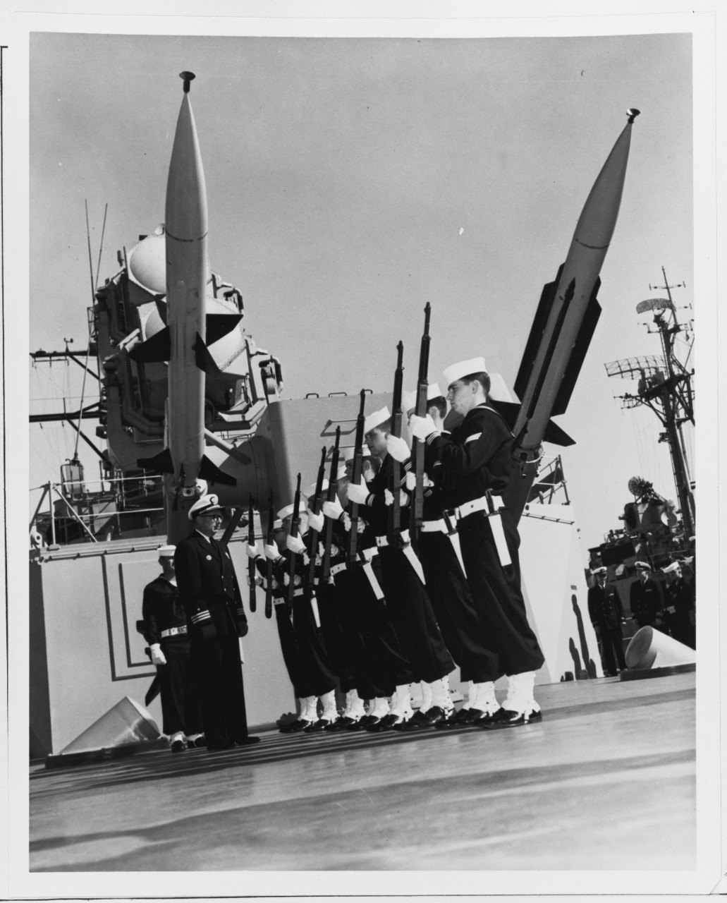 Terrier Missile aboard DLG's tied up at San Diego Harbor, California. With personnel in formation for rifle inspection. 5/19/1961