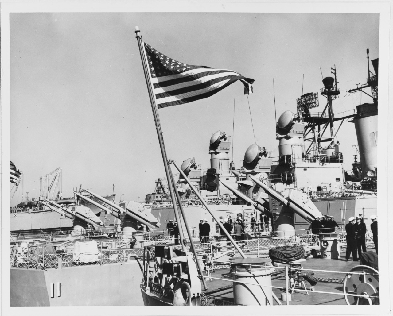 Terrier Missile aboard DLG's tied up at San Diego Harbor, California.  American flag. Left to Right: USS COONTZ (DLG-9), USS KING (DLG-10), USS MAHAN (DLG-11), and USS PREBLE (DLG-15).  5/19/1961