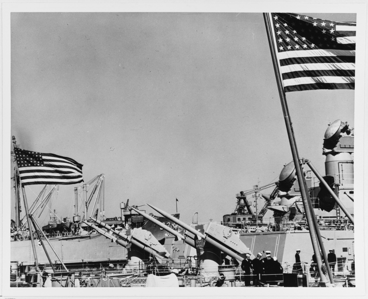 Terrier Missile aboard DLG's tied up at San Diego Harbor, California. American flags.  5/19/1961