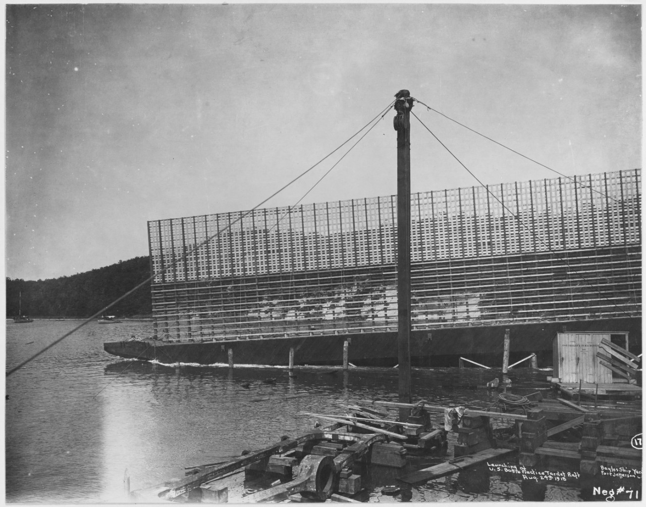 Launching of U.S. Battle Practice Target Raft #58. Bayles Ship Yard Inc., Port Jefferson, Long Island, New York. Neg. #71. 8/24/1918