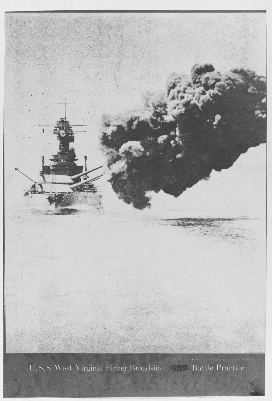 USS WEST VIRGINIA. 16" Salvo. Firing a broadside. Battle Practice. 1928.