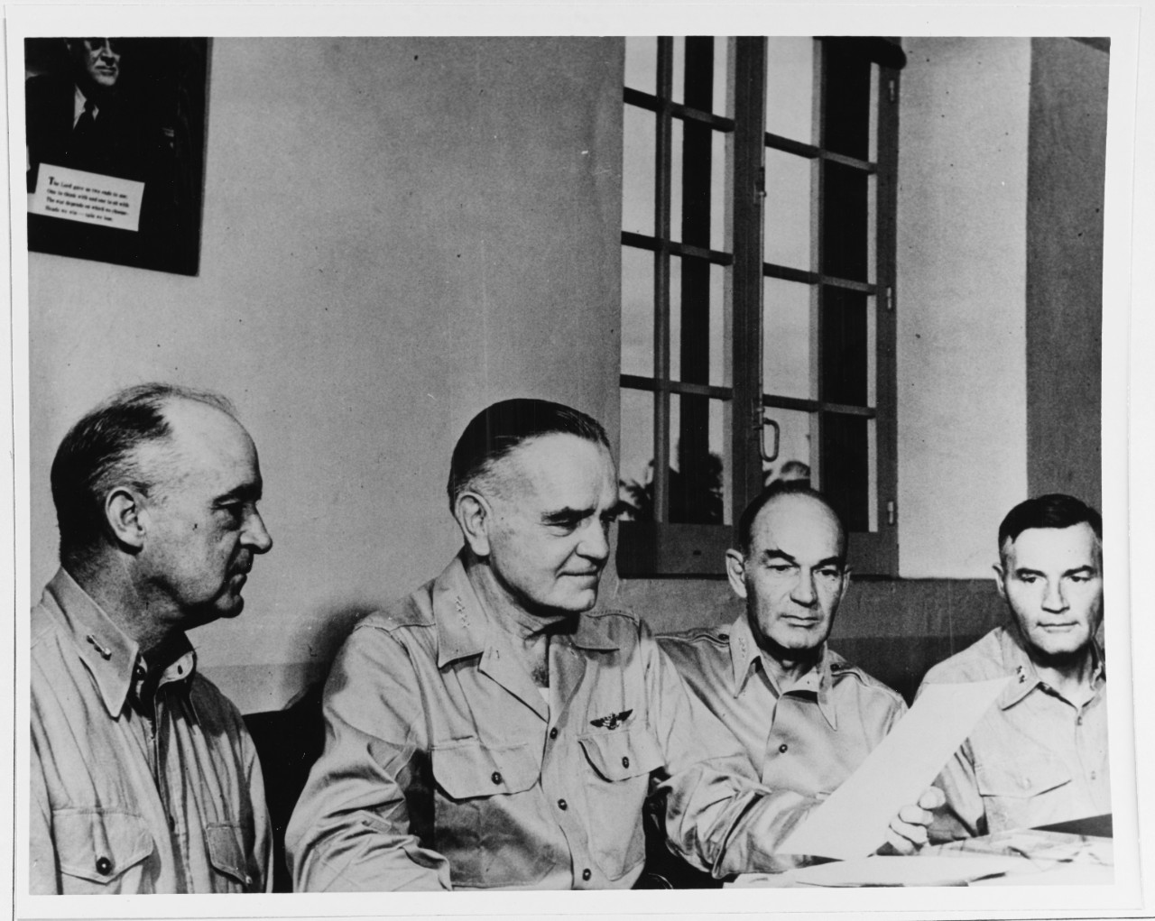 LtGen. A.A. Vandegrift, Adm. Wm. F. Halsey, VAdm. Miff Harmon, and MGen. Barrett USMC