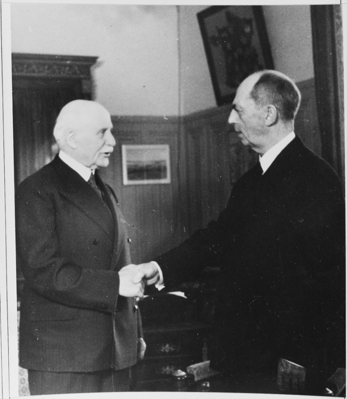 Adm Leahy greeted by Monsieur Petain the French writer. April 27, 1942