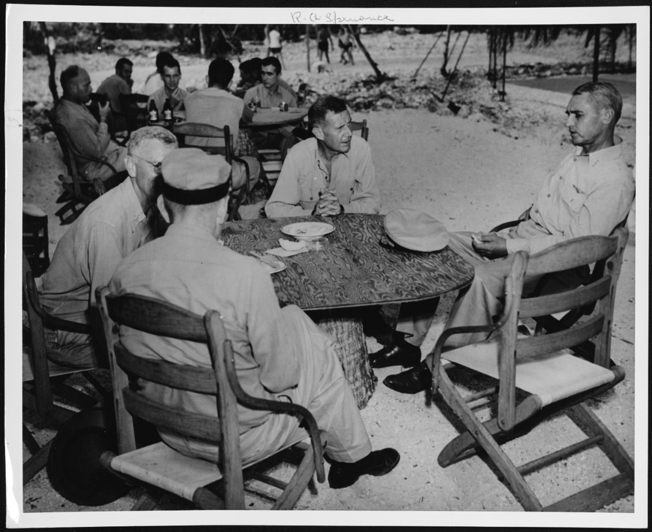 Admiral McCain, Captain C.J. Moore, Admiral R.A. Spruance and Admiral Hoover. Circa 1944-1945