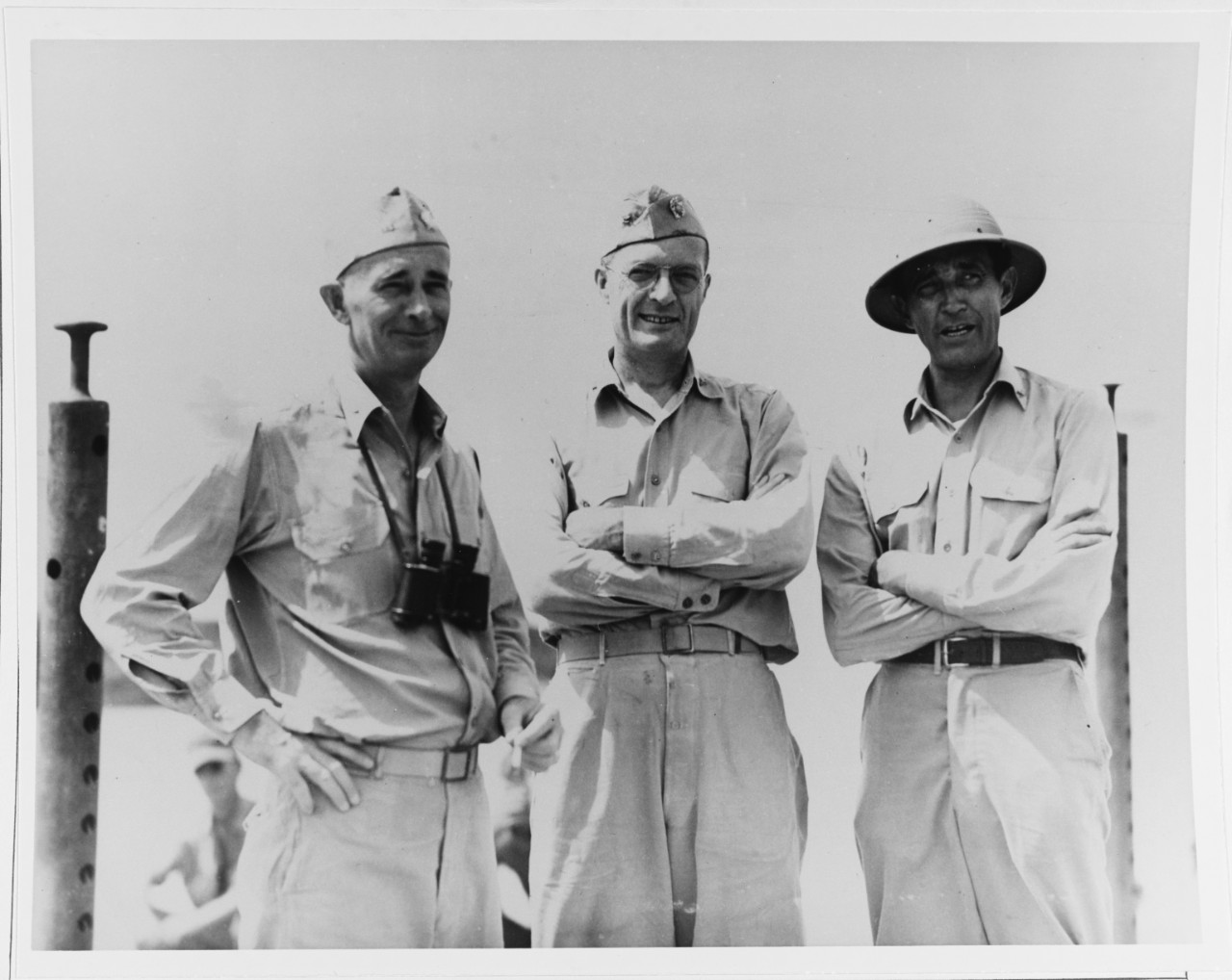 Captains C.H. Murphy, E.P. Forrestel and B.B. Biggs, after the landings at Naval Base "Piti" Apra Harbor, Guam, 31 July 1944