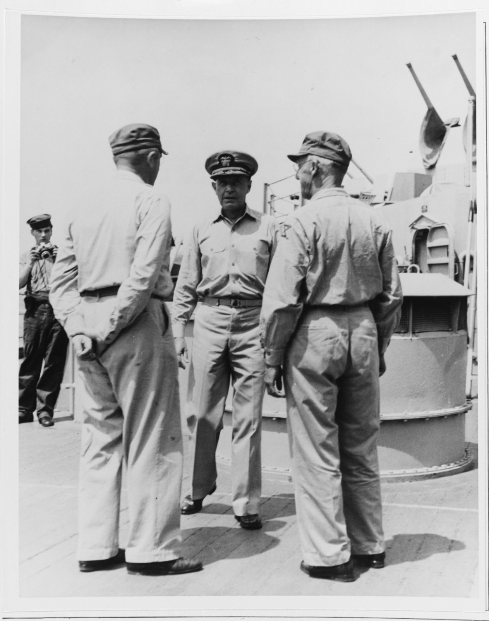 ADM R.A. Spruance, ComFifth Fleet, Gen. J.W. Stilwell USA, BGEN L.G. Merritt USA, on USS NEW JERSEY (BB-62), Sept. 1945