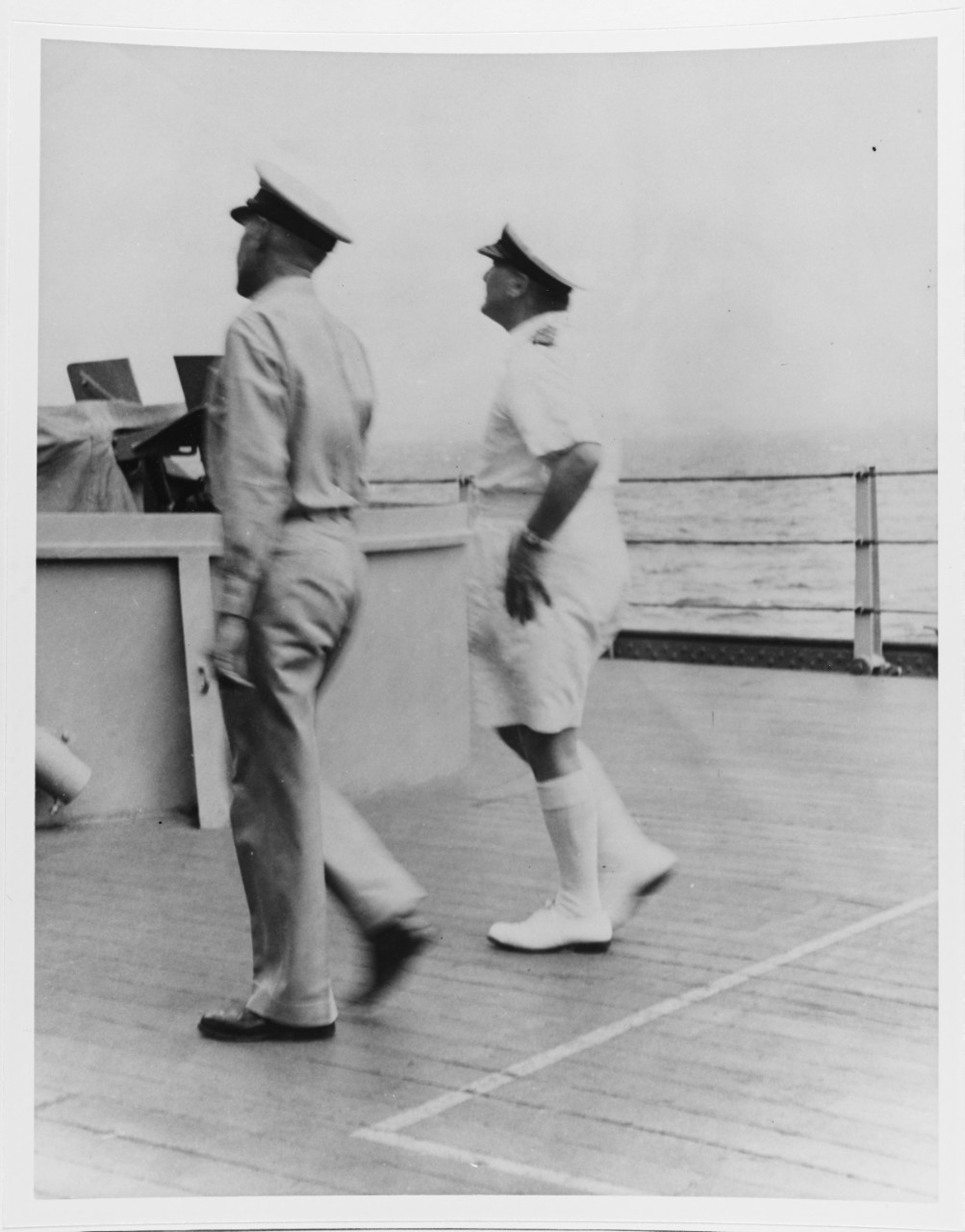 ADM R.A. Spruance, ComFifth Fleet, ADM Sir Bruce Fraser, CDR British Pacific Fleet, on board USS NEW JERSEY (BB-62), 1945