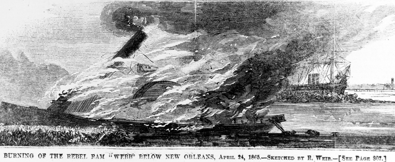 Photo #: NH 43135  &quot;Burning of the Rebel Ram 'Webb' Below New Orleans, April 24, 1865&quot;