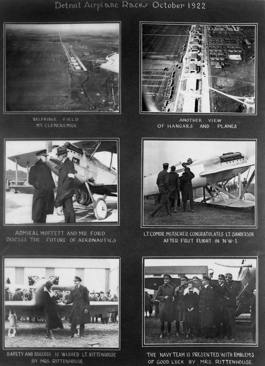 Six scenes of the races, including views of Selfridge Field, Mt. Clemens, MI. Persons seen include: RADM William A. Moffett, Henry Ford, LCDR L.H. Sanderson, LT and Mrs. David Rittenhouse. Planes seen include Wright NW-1, Bee Line BR-2.