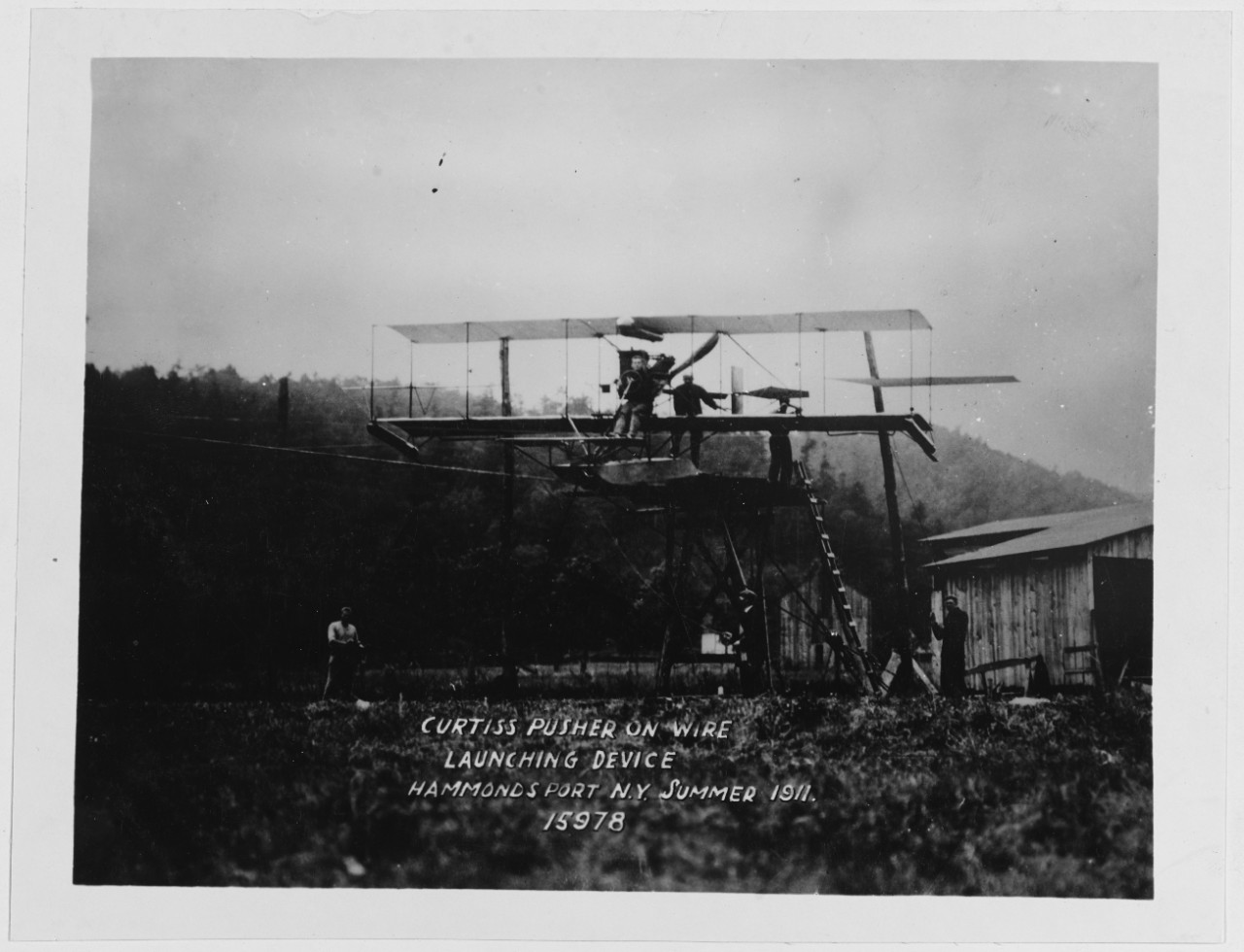 "Curtiss pusher on wire launching device," Curtiss A-1 aircraft test launch