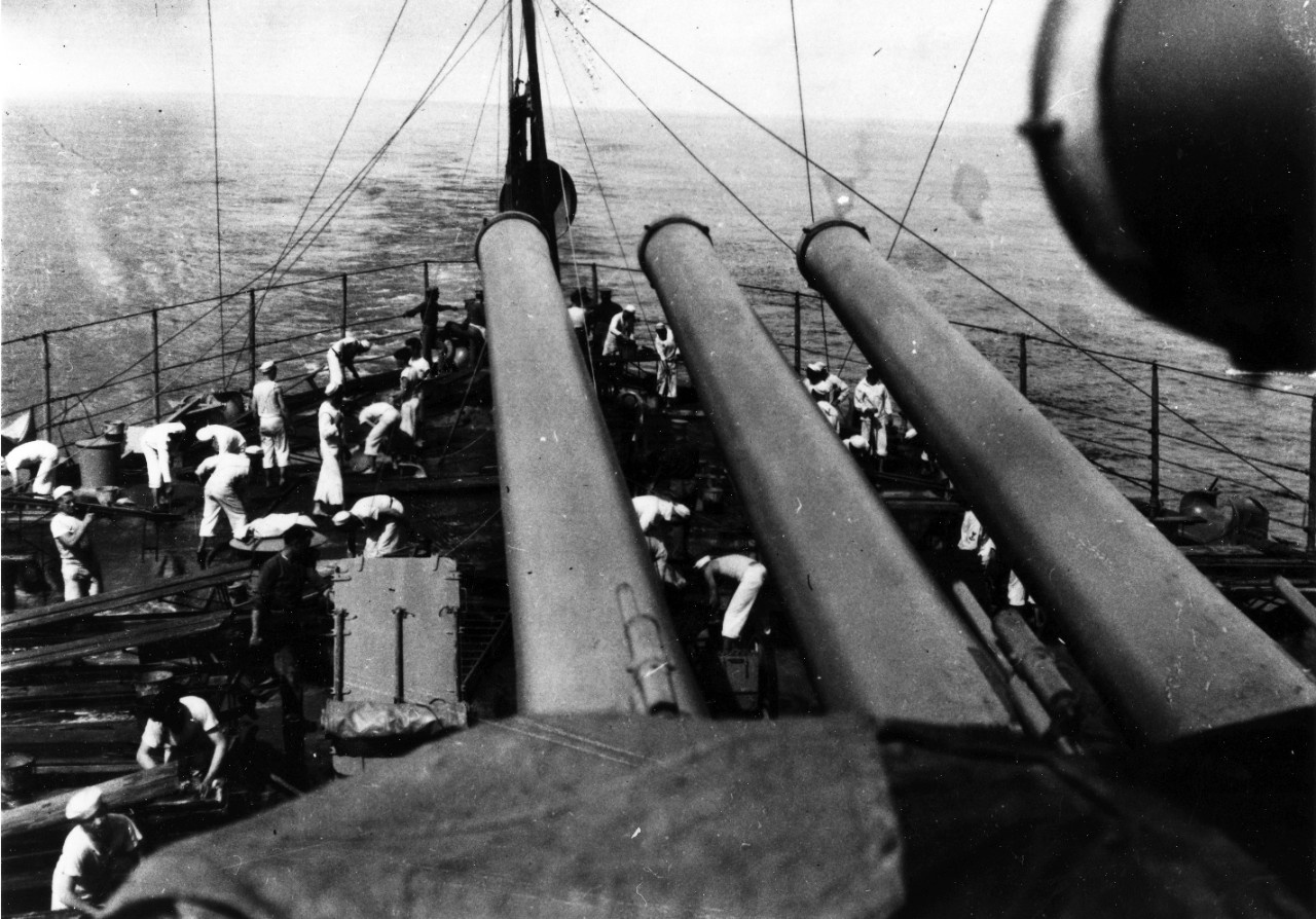 USS Oklahoma (BB-37) -Cleaning ship (including holystoning) for captain's inspection, while at sea near Guantanamo Bay, circa 1919. 