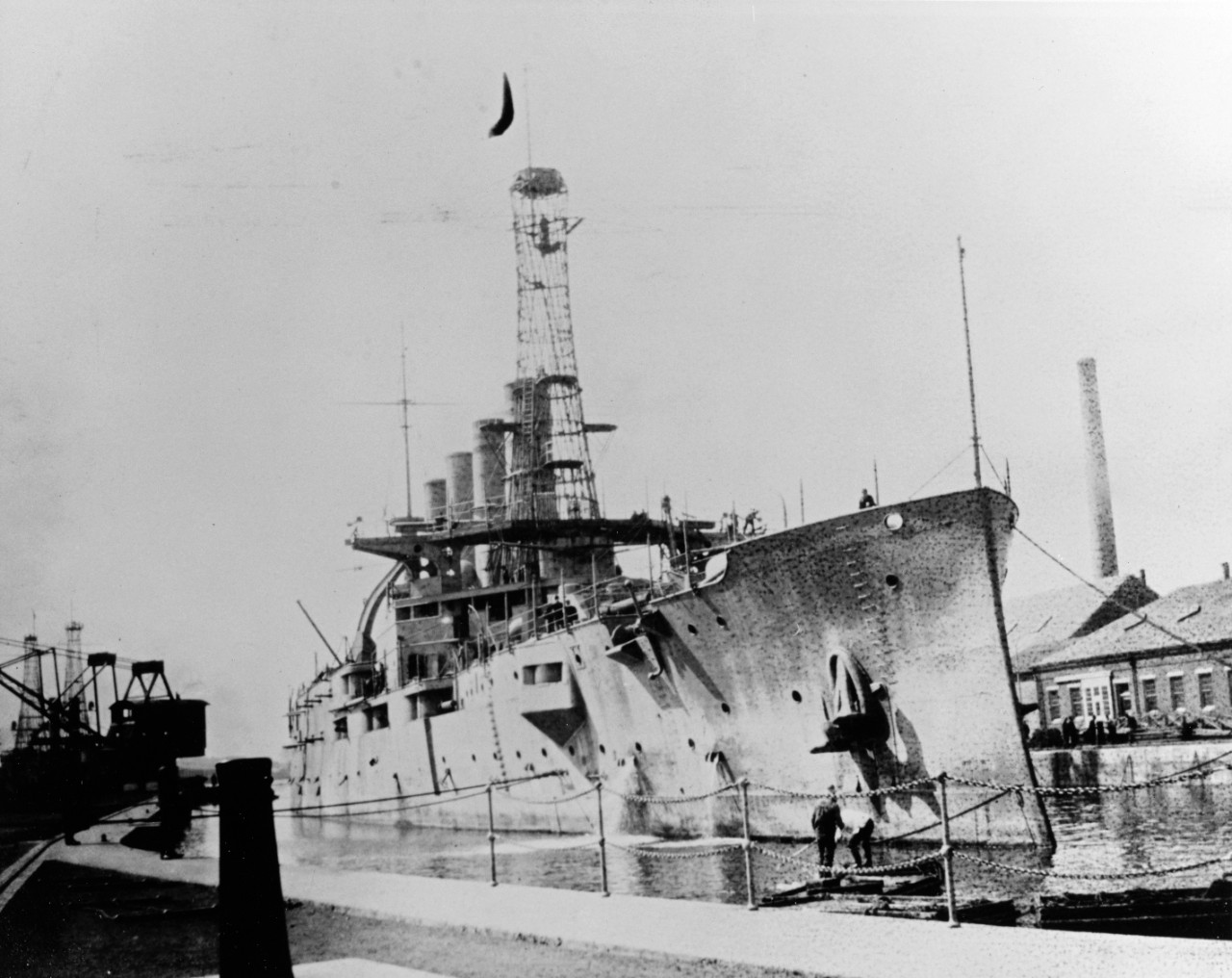 An armored cruiser - either USS North Carolina (ACR-12) or USS Montana (ACR-13) - in drydock at Portsmouth Navy Yard, New Hampshire, circa 1912-1914.