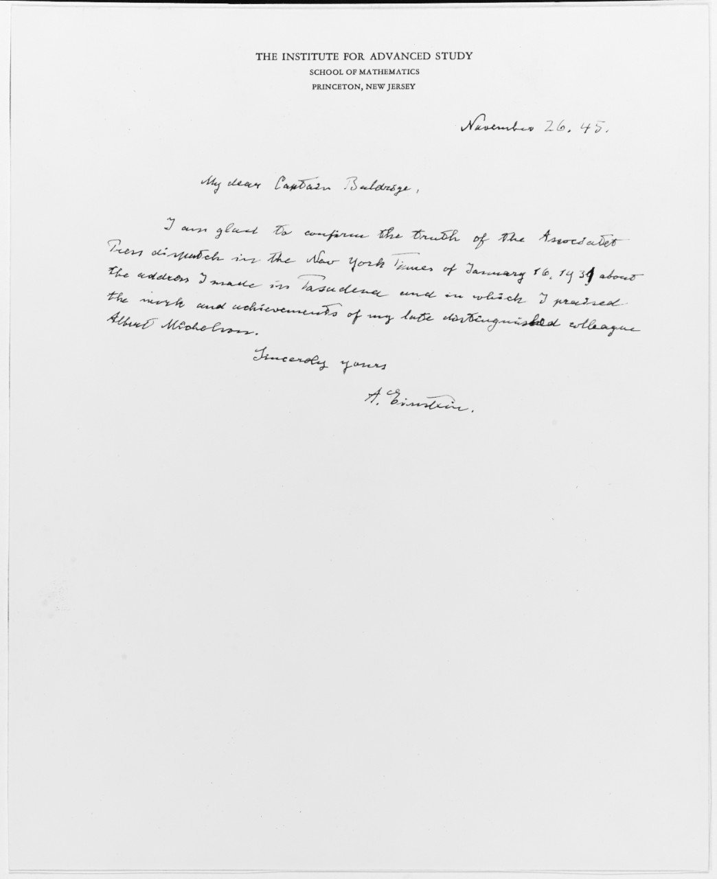 Photo #: NH 47851  Letter from Albert Einstein, 26 September 1945
