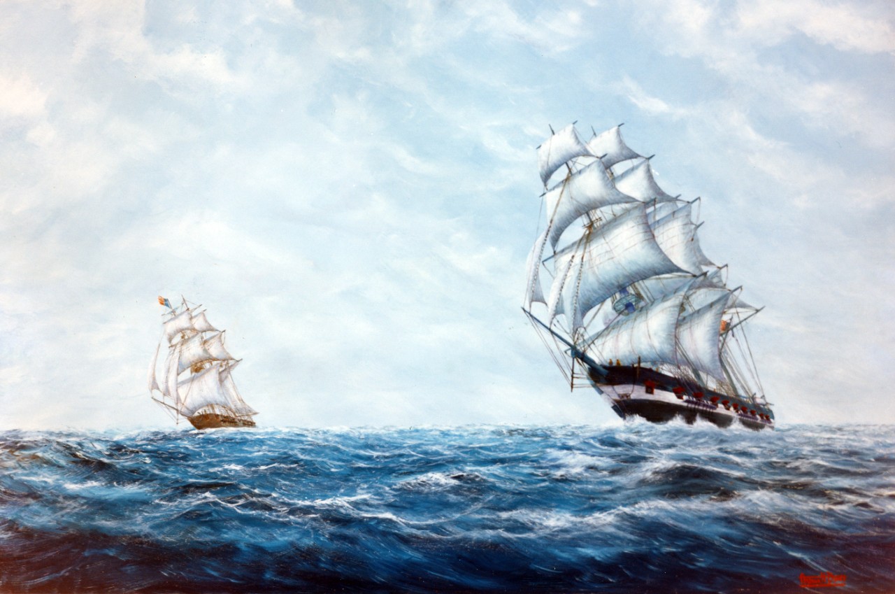 Sloop of War Austin, flagship of the Texas Navy, with the brig Archer in the distance. Artist: Arthur Disney, Sr.