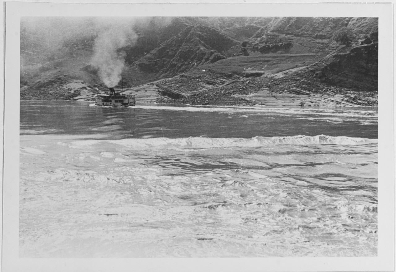 View of an upper river steamer and rapids, Yangtze River, China, 1934