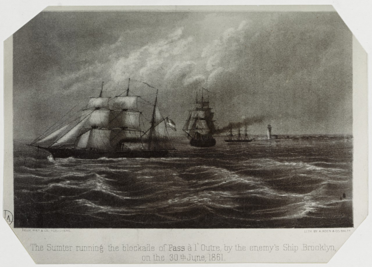 Photo #: NH 51797  &quot;The Sumter running the blockade of Pass a l' Outre, by the enemy's ship Brooklyn, on the 30th June, 1861.&quot;