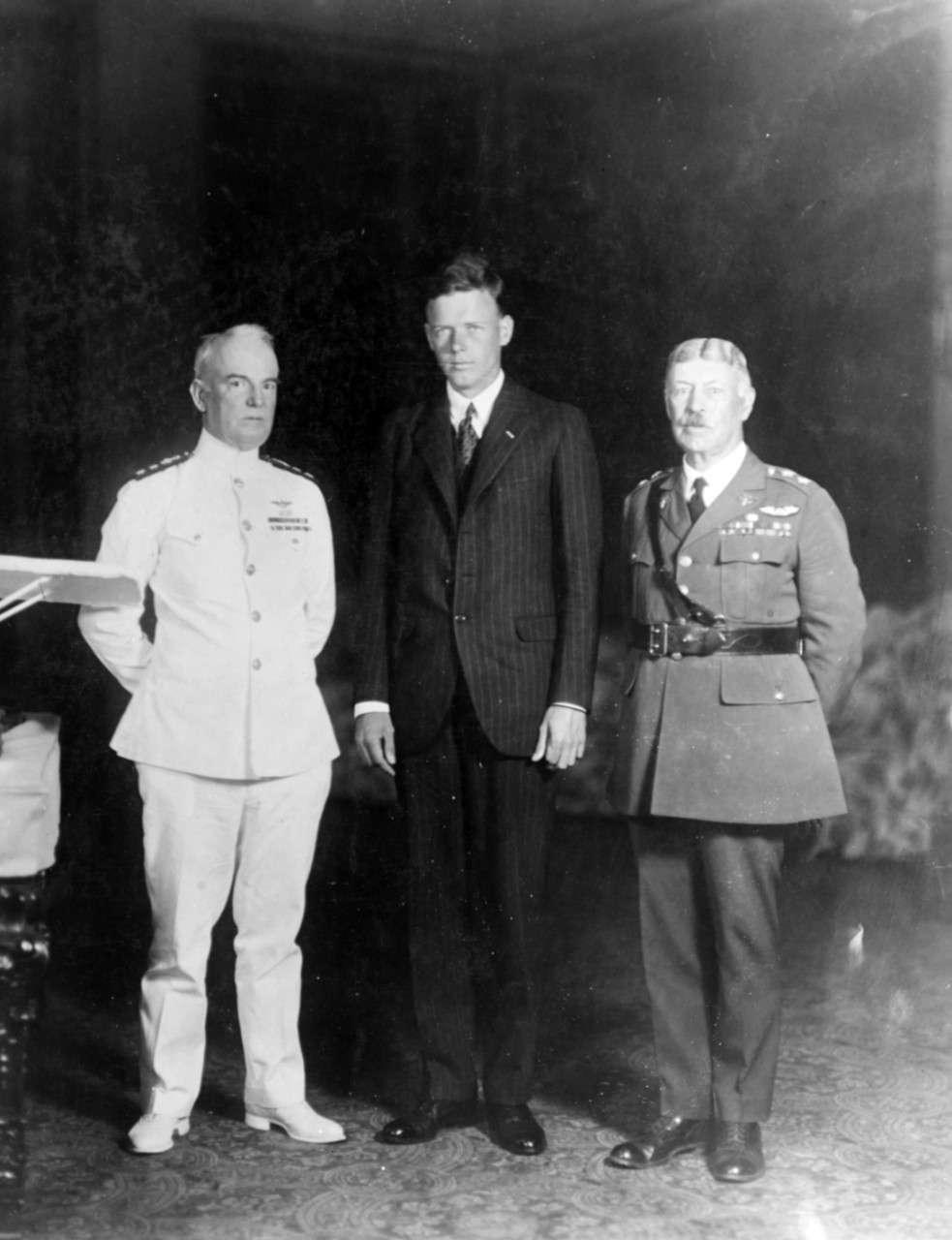 RADM William A. Moffett, Charles A. Lindberg, and General Patrick, circa 1928. 