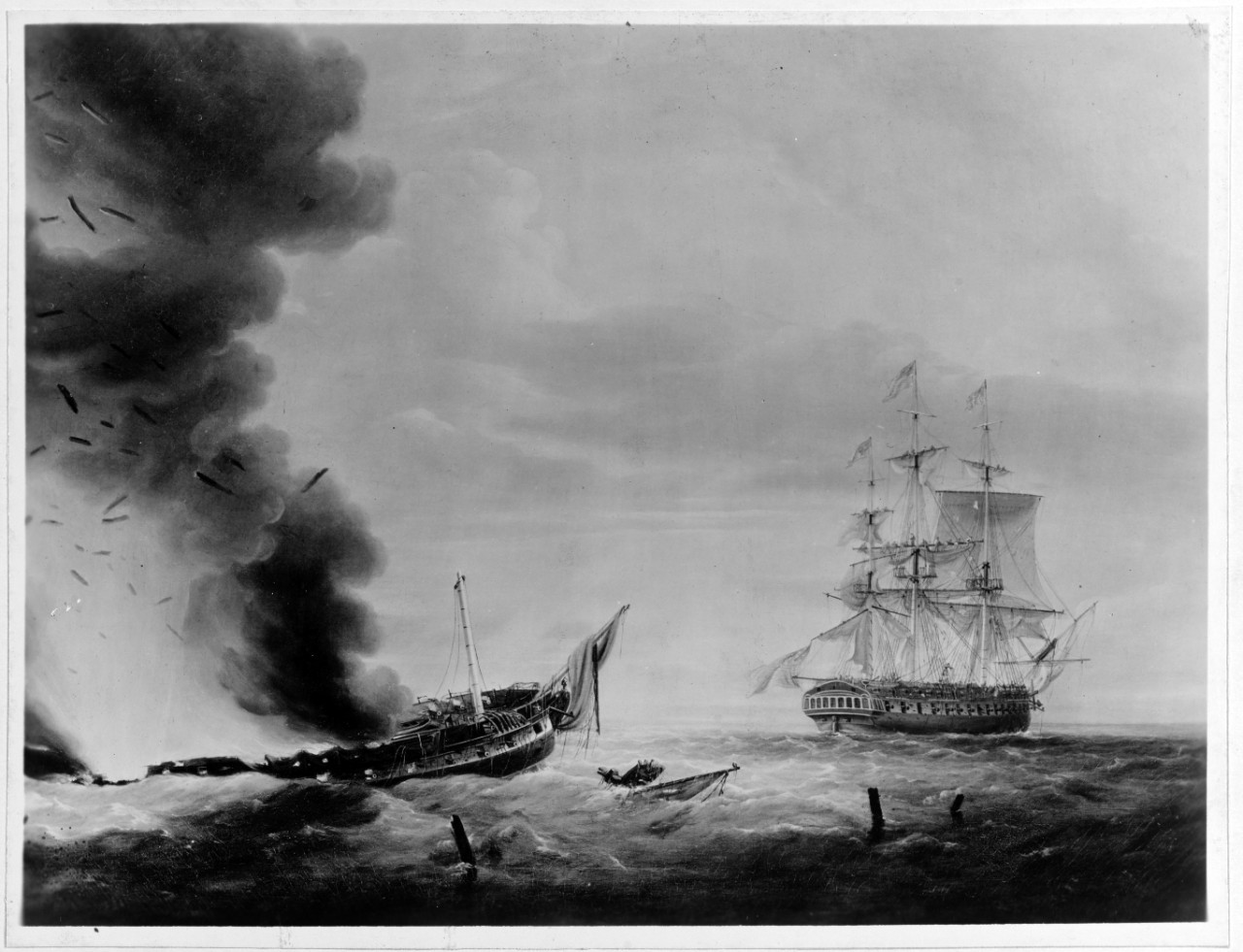 Photo #: NH 55413  U.S. Frigate Constitution destroys HMS Java, after capturing her off the coast of Brazil on 29 December 1812