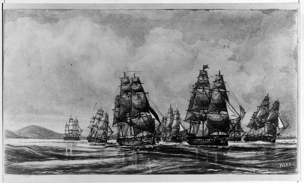 U.S.S. ESSEX and her prizes leaving Tumbey Bay, 1813