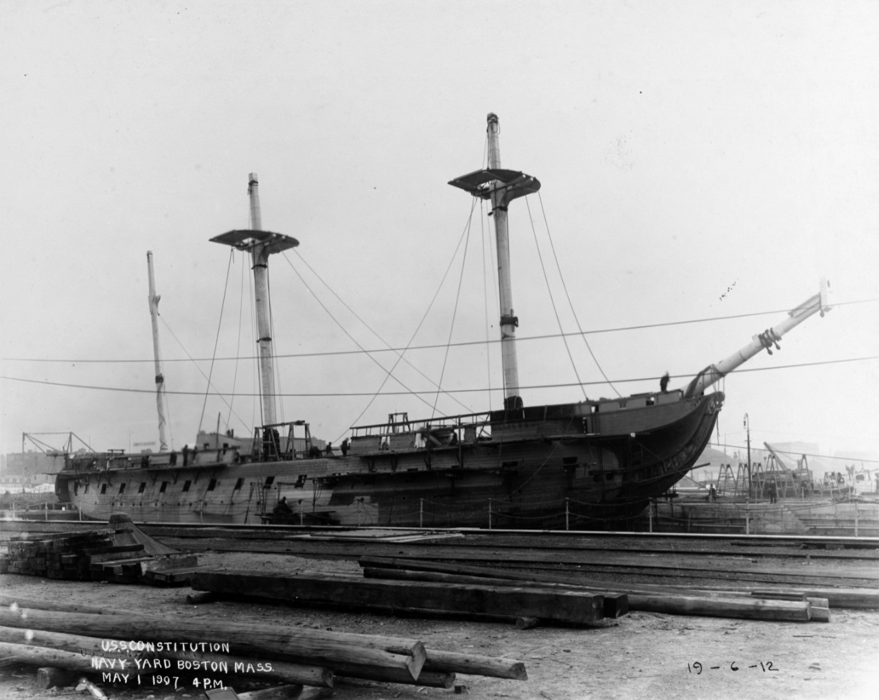 USS Constitution, after installing masts and stepping bowsprit, Boston Navy Yard, 1 May 1907.