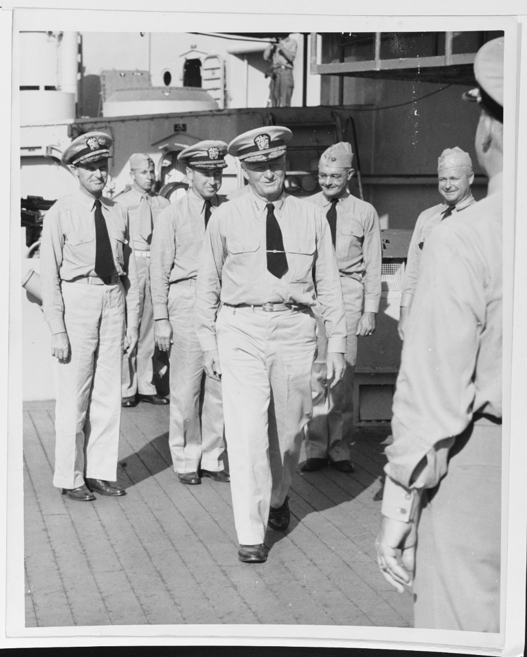 Fleet Admiral Chester W. Nimitz, USN, CinCPac-POA, on board USS WISCONSIN (BB-64).