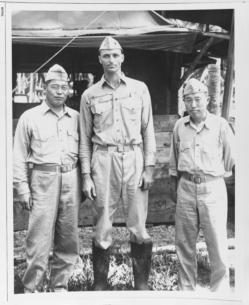 Lieutenant Colonel James Roosevelt, CO, Fourth Marine Raider Battalion with two Korean scout-interpreters