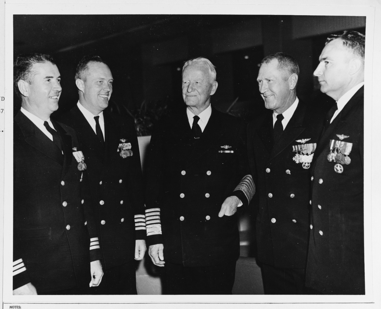 Fleet Admiral Chester W. Nimitz, USN, meets the three skippers of the NARTU (Naval Air Reserve Training Unit), Alameda, California